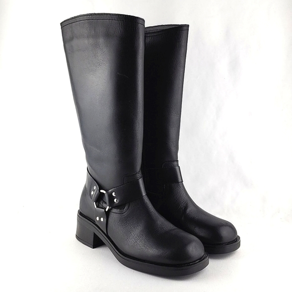 Yokono Women's Tall Black Leather Riding Biker Boots Strap Buckle Block Heel 39 - Picture 2 of 16